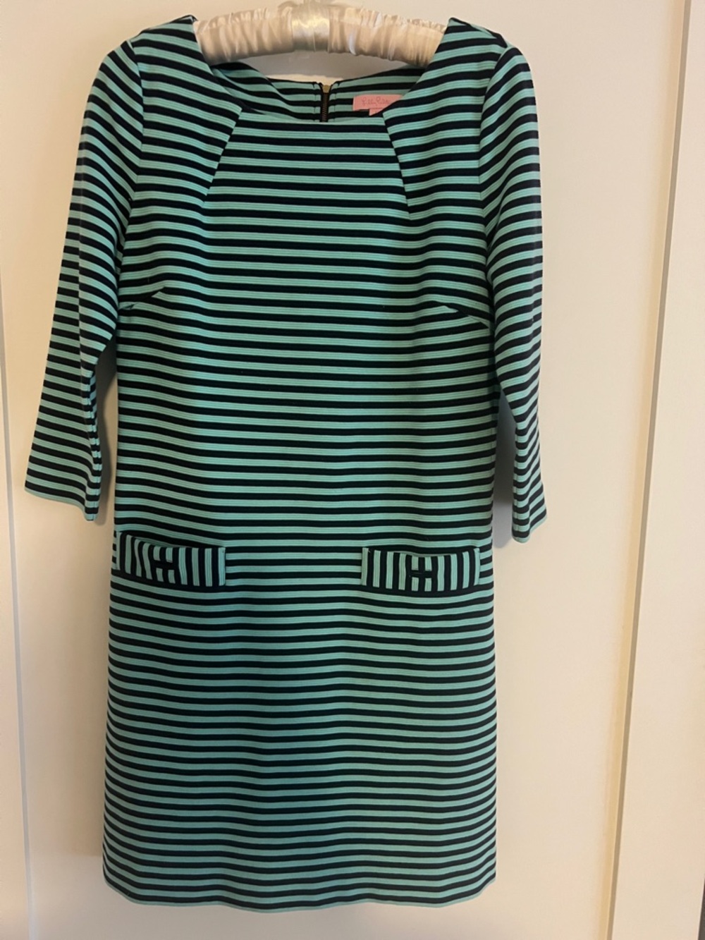 Lilly Pulitzer Aqua and Navy Blue Striped Long Sleeve Sheath Dress